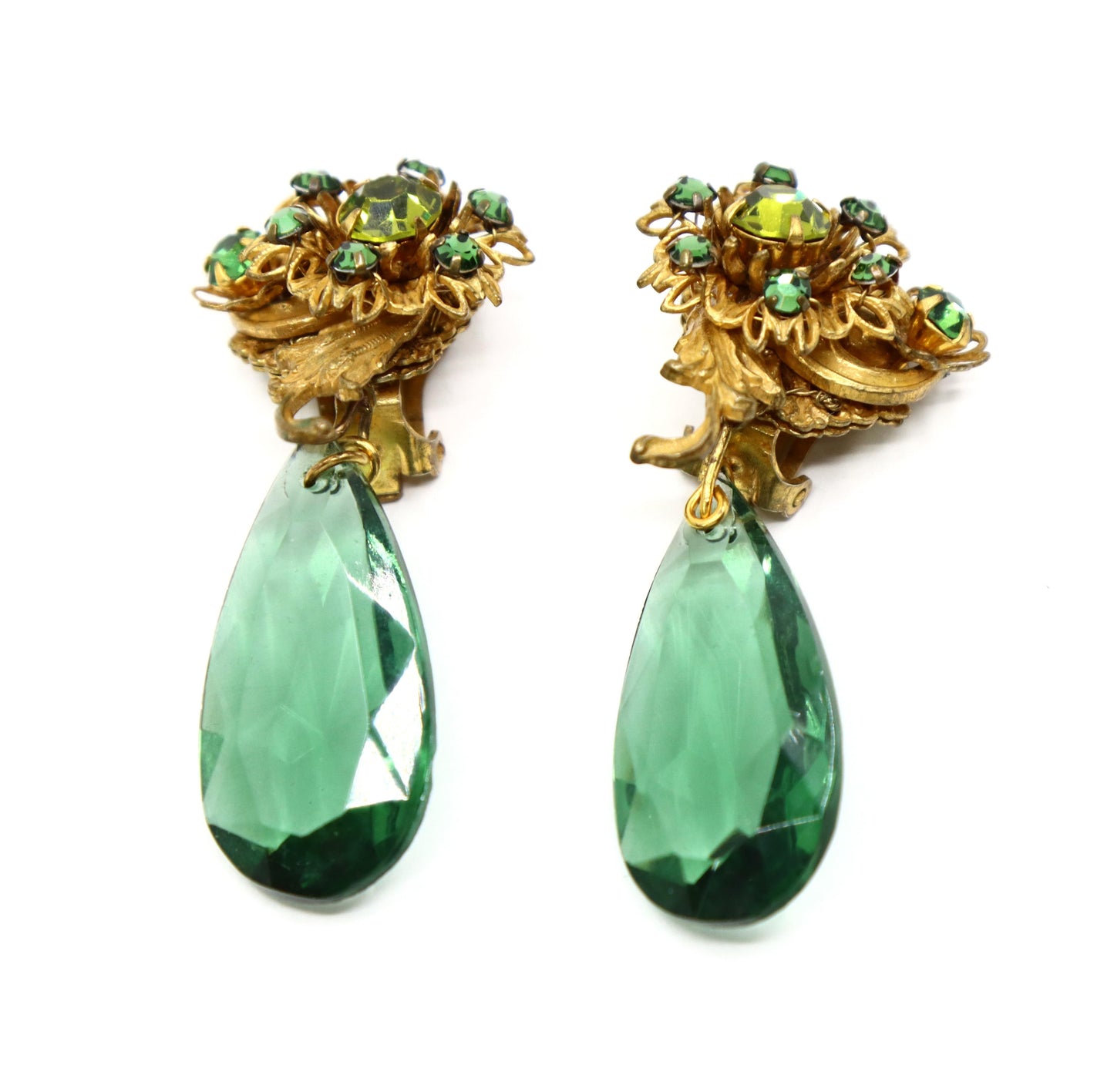 Vintage Miriam Haskell Gold Tone Rhinestone Green Crystal Earrings