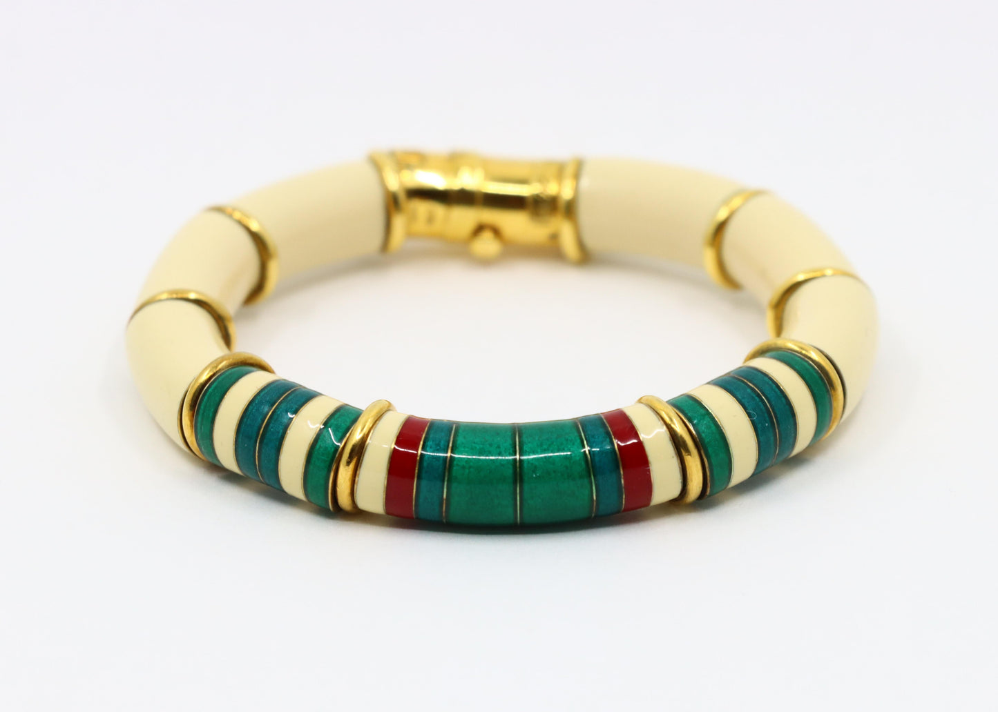Vintage La Nouvelle Bague 18K Gold & Silver Green White Enamel Bracelet