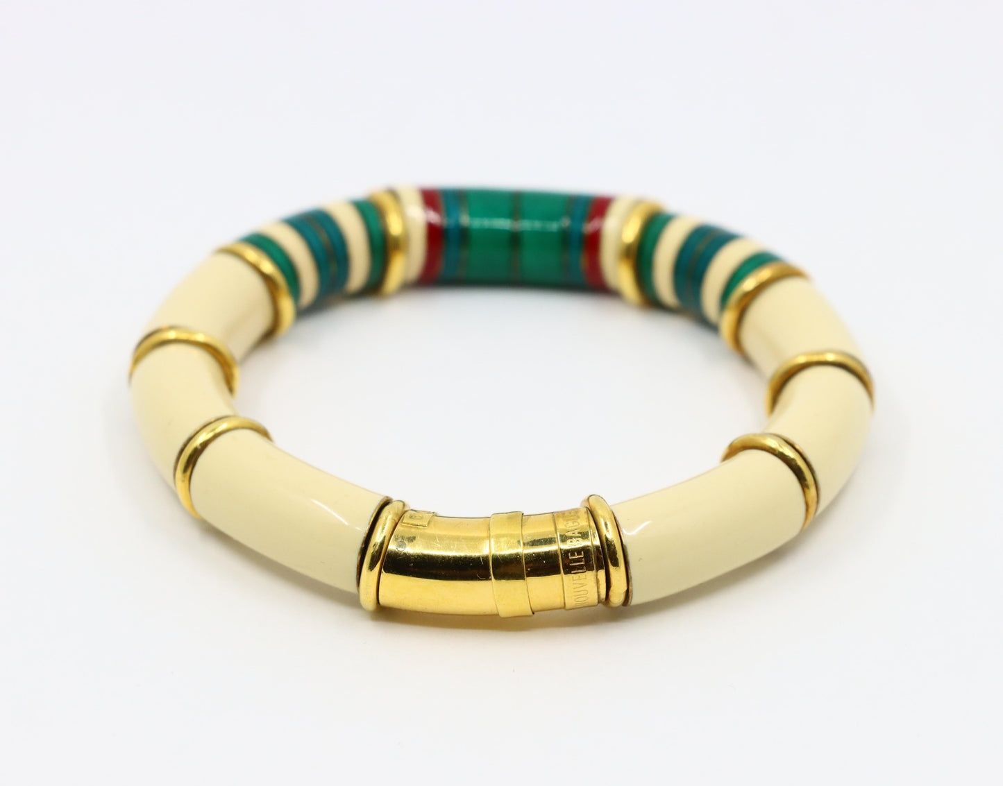 Vintage La Nouvelle Bague 18K Gold & Silver Green White Enamel Bracelet