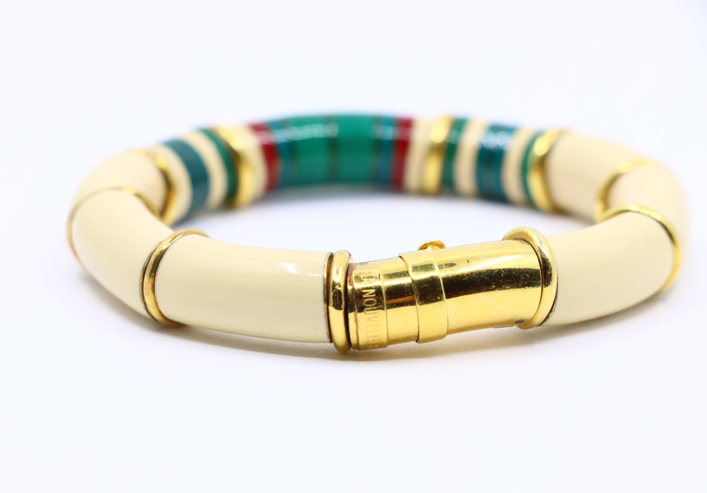 Vintage La Nouvelle Bague 18K Gold & Silver Green White Enamel Bracelet
