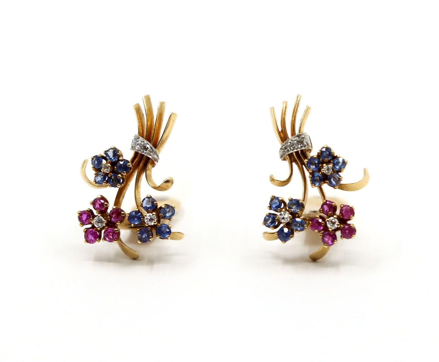 Retro 14K Gold Sapphire Diamond Flower Bouquet Earrings