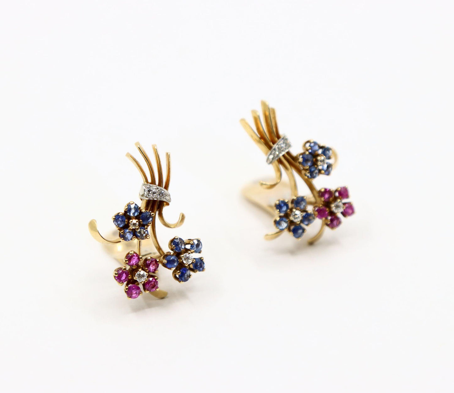 Retro 14K Gold Sapphire Diamond Flower Bouquet Earrings
