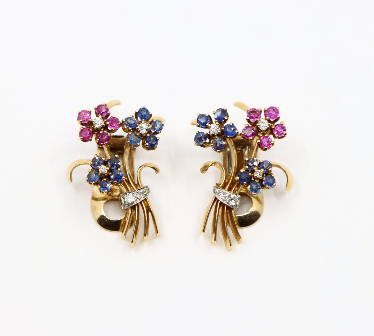 Retro 14K Gold Sapphire Diamond Flower Bouquet Earrings