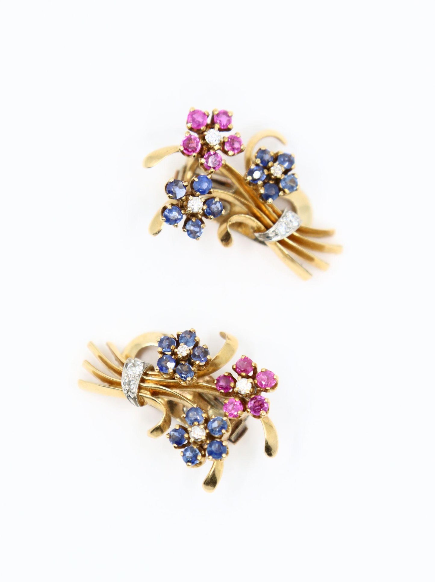 Retro 14K Gold Sapphire Diamond Flower Bouquet Earrings