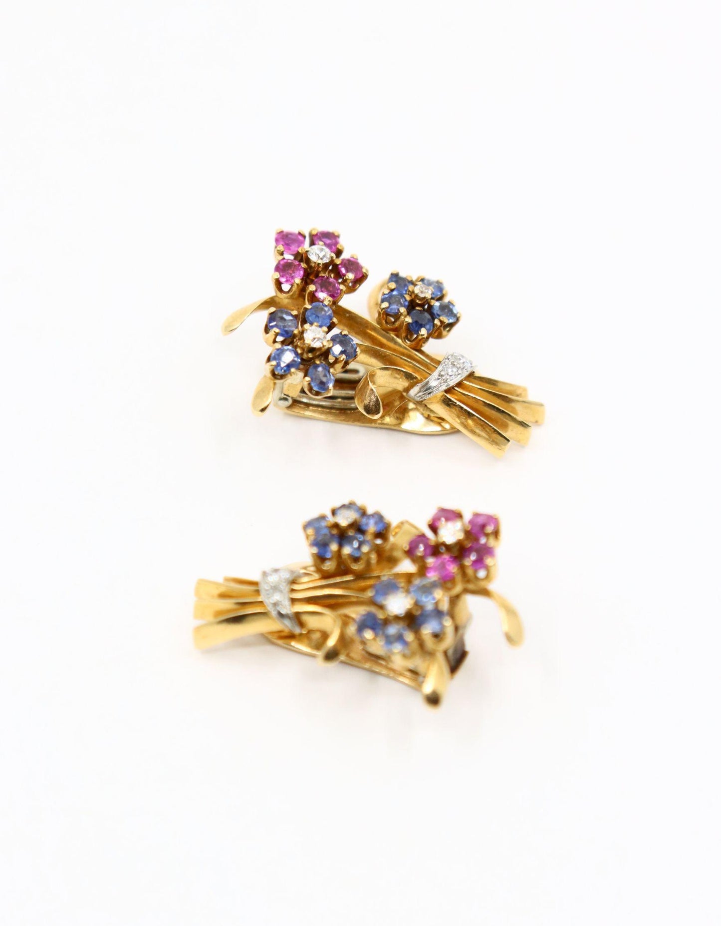 Retro 14K Gold Sapphire Diamond Flower Bouquet Earrings