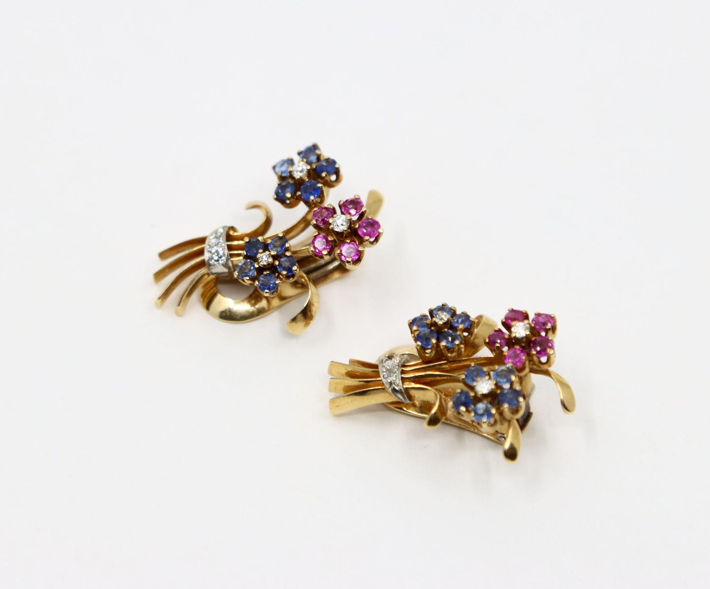 Retro 14K Gold Sapphire Diamond Flower Bouquet Earrings
