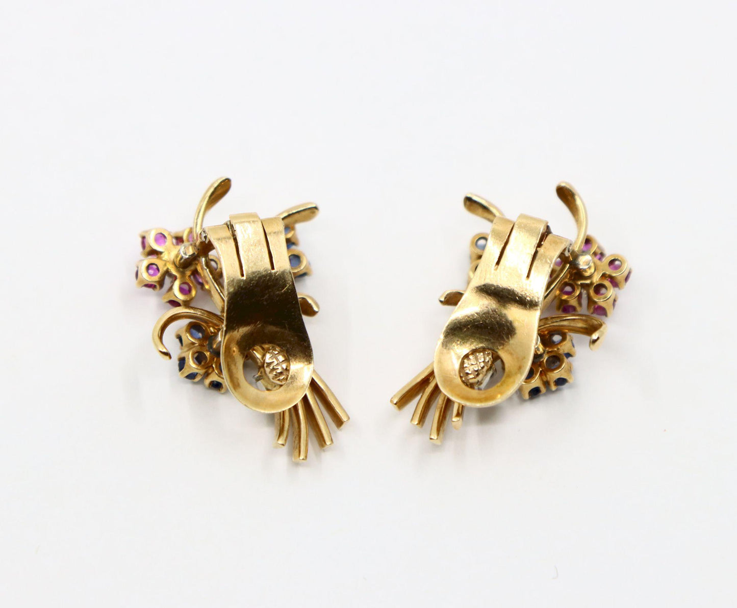 Retro 14K Gold Sapphire Diamond Flower Bouquet Earrings