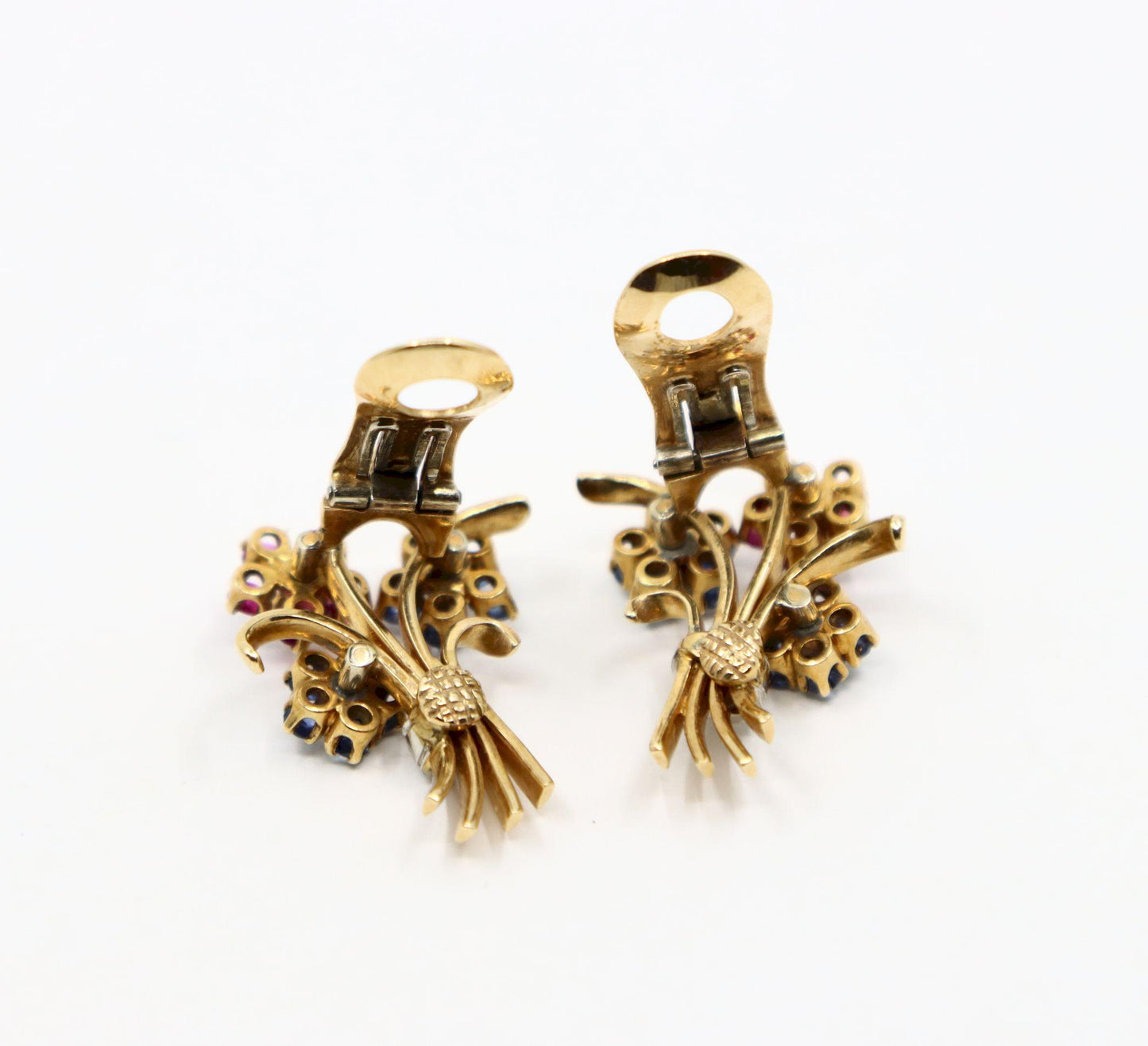 Retro 14K Gold Sapphire Diamond Flower Bouquet Earrings