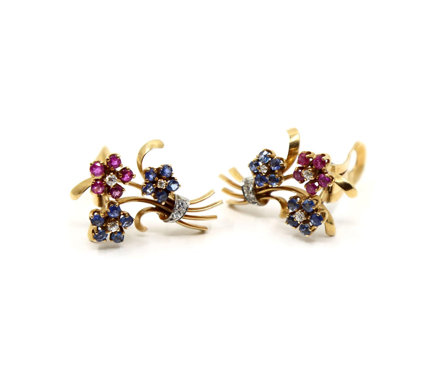 Retro 14K Gold Sapphire Diamond Flower Bouquet Earrings