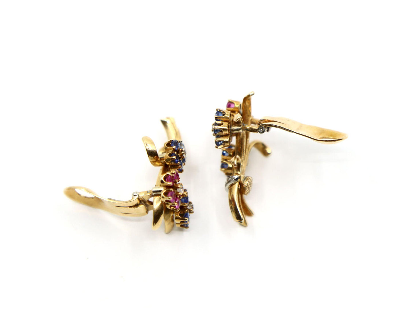 Retro 14K Gold Sapphire Diamond Flower Bouquet Earrings