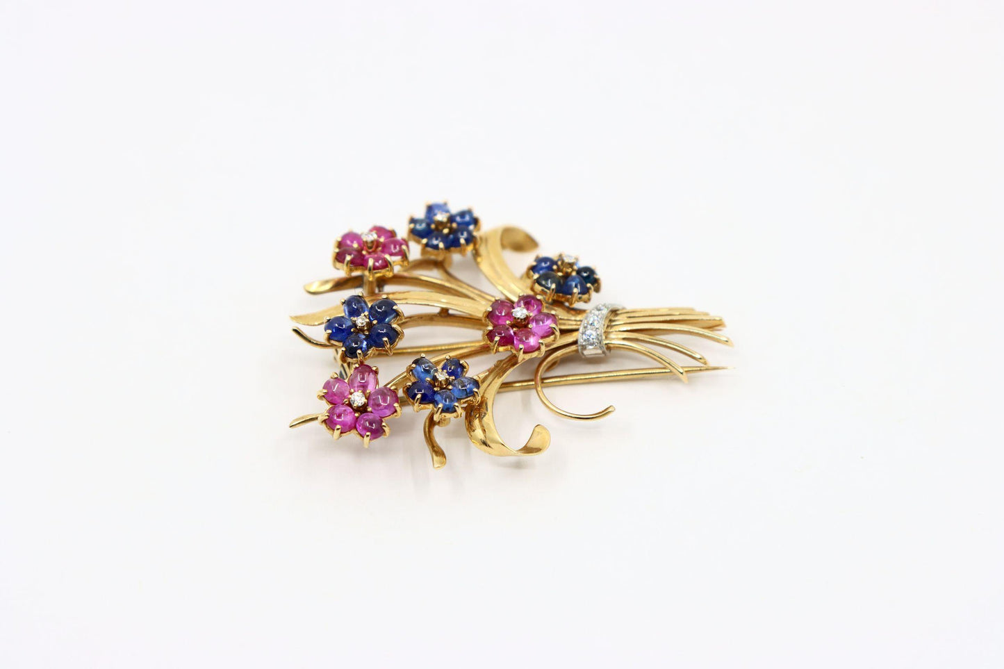 Retro 14K Gold Sapphire Diamond Flower Bouquet Brooch