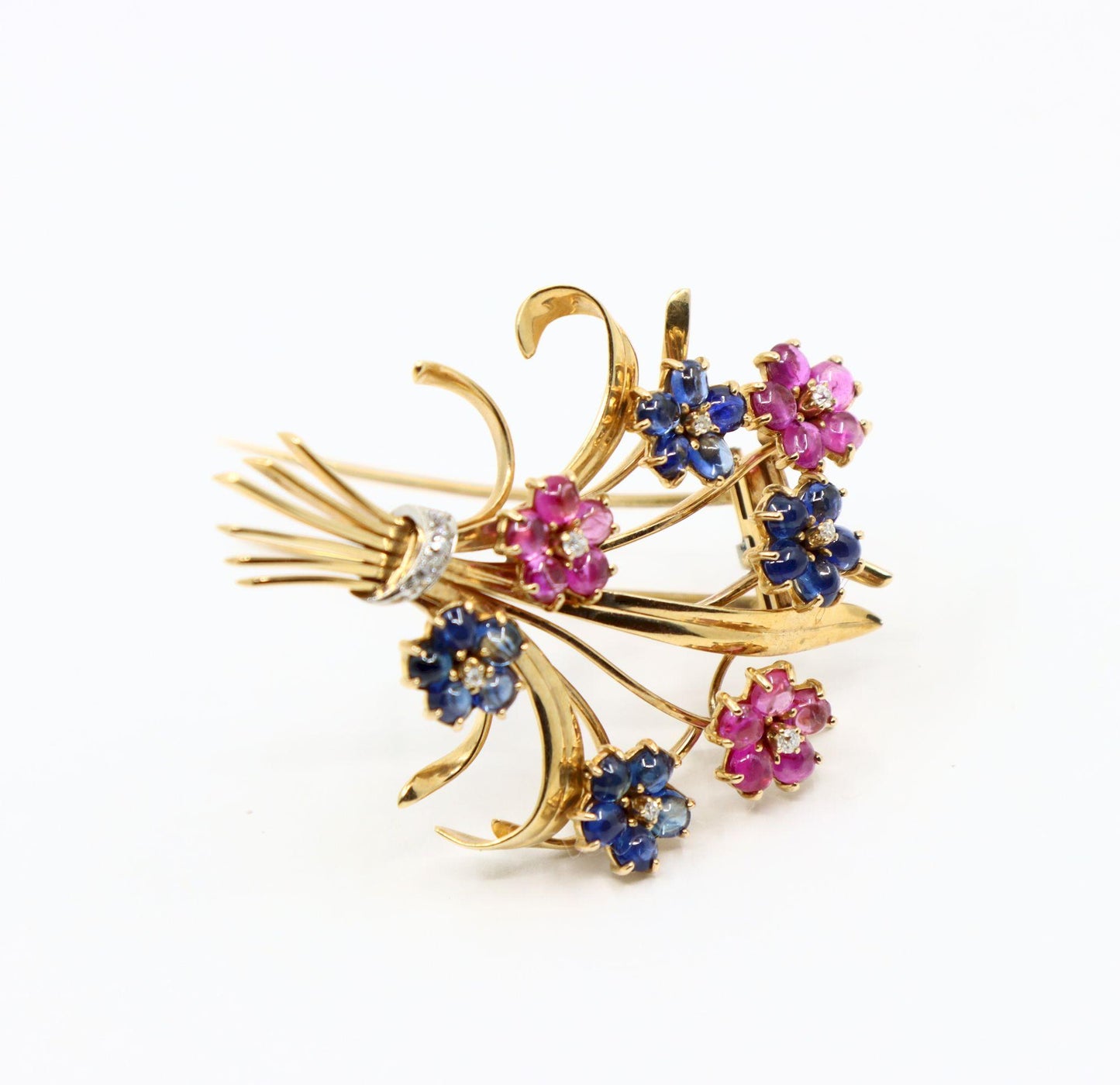 Retro 14K Gold Sapphire Diamond Flower Bouquet Brooch