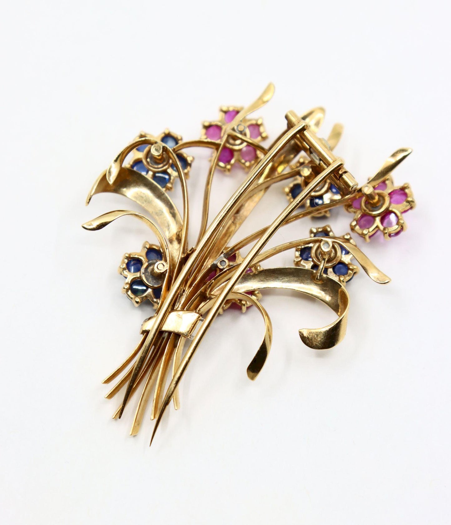 Retro 14K Gold Sapphire Diamond Flower Bouquet Brooch