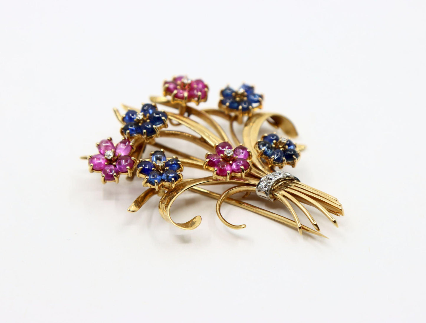 Retro 14K Gold Sapphire Diamond Flower Bouquet Brooch