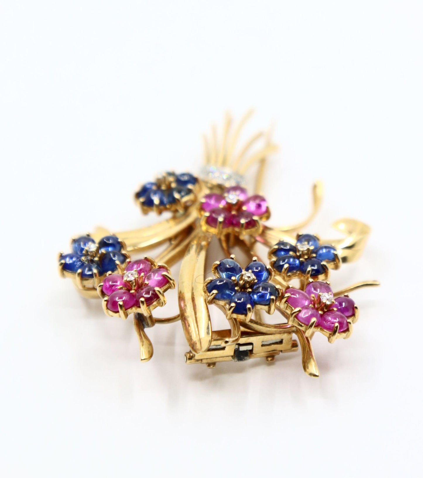Retro 14K Gold Sapphire Diamond Flower Bouquet Brooch