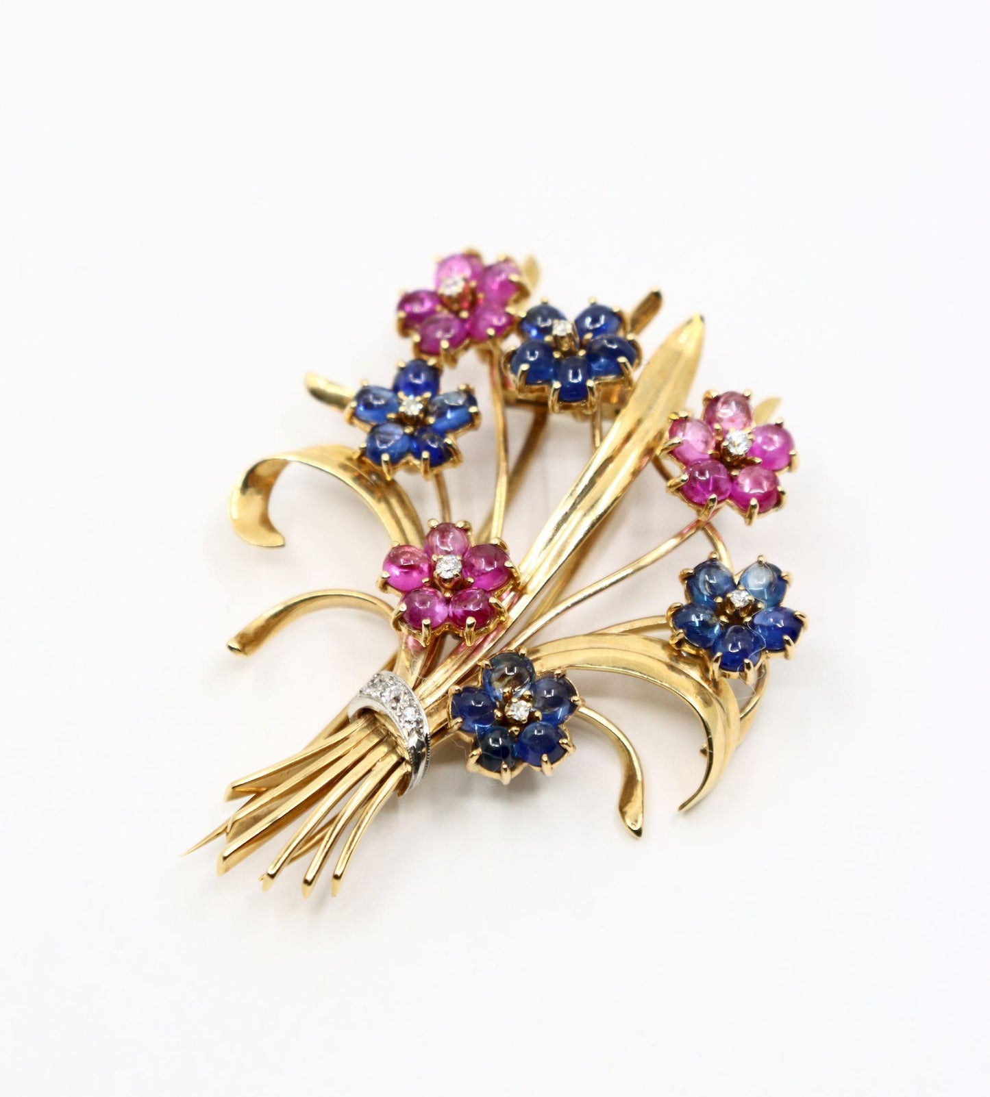 Retro 14K Gold Sapphire Diamond Flower Bouquet Brooch