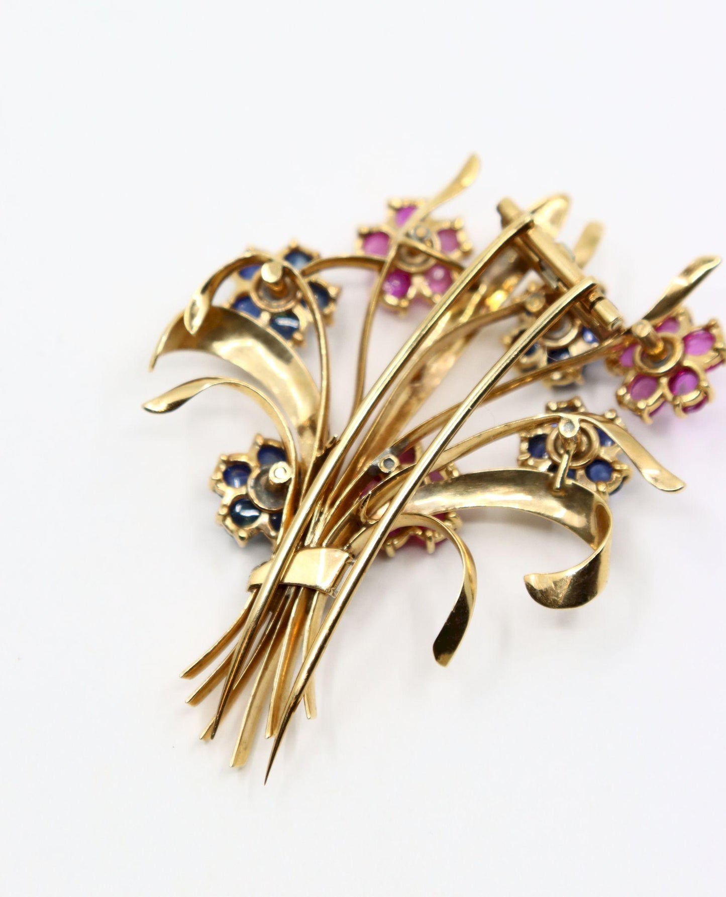 Retro 14K Gold Sapphire Diamond Flower Bouquet Brooch