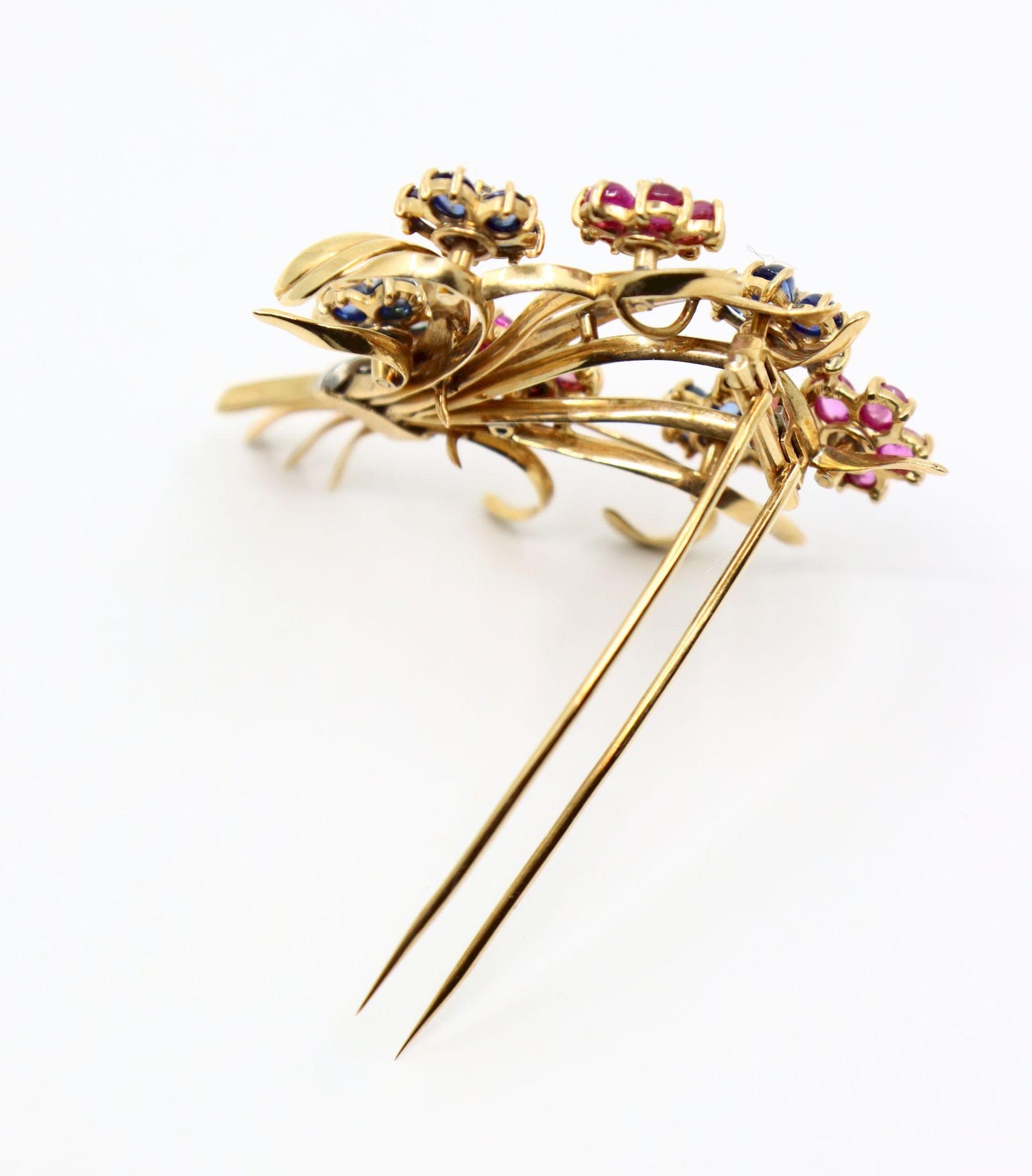Retro 14K Gold Sapphire Diamond Flower Bouquet Brooch