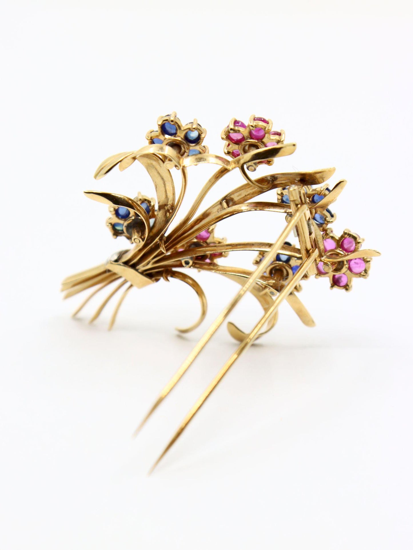 Retro 14K Gold Sapphire Diamond Flower Bouquet Brooch