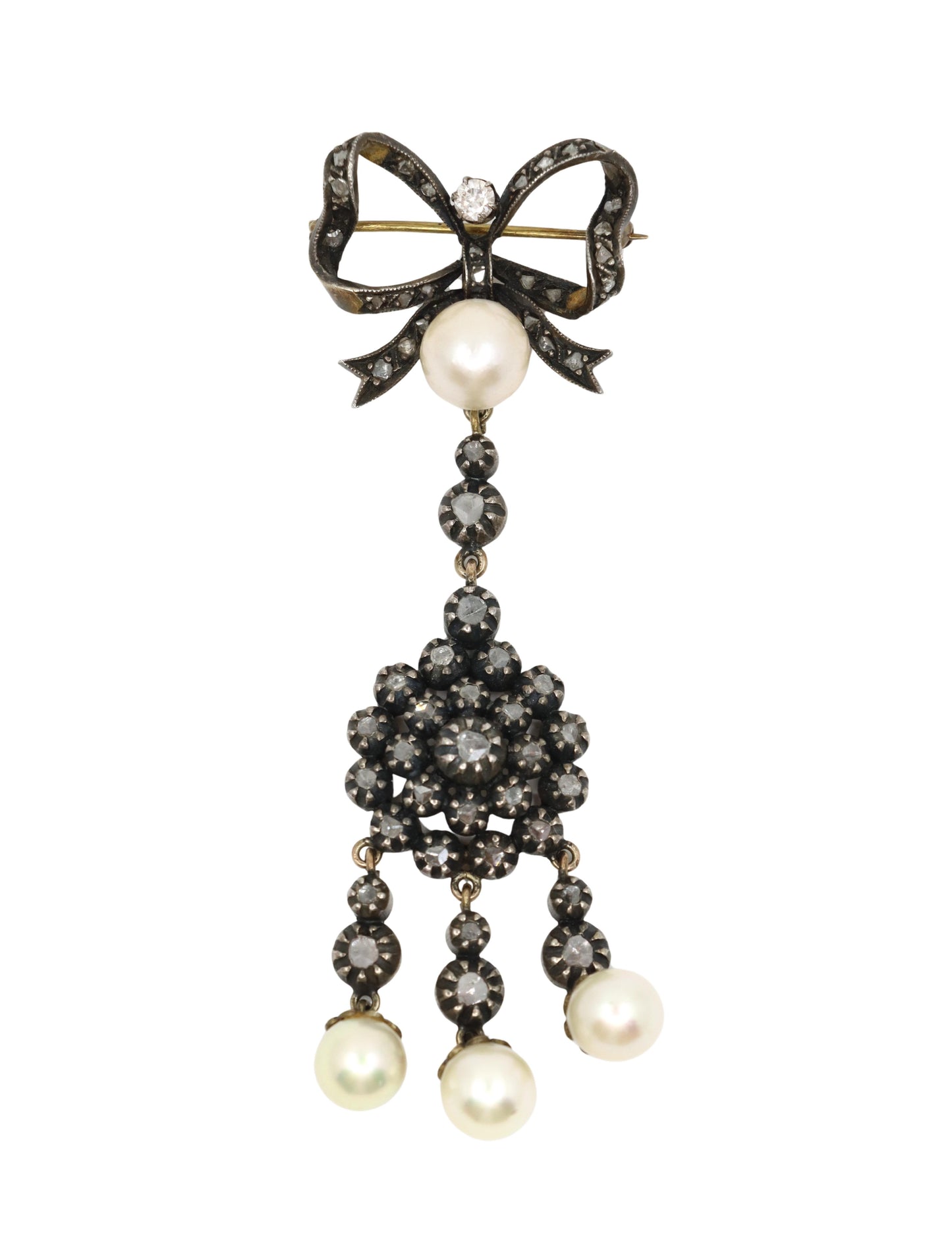 Victorian 14K Gold & Silver Pearl Diamond Bow Tie Brooch