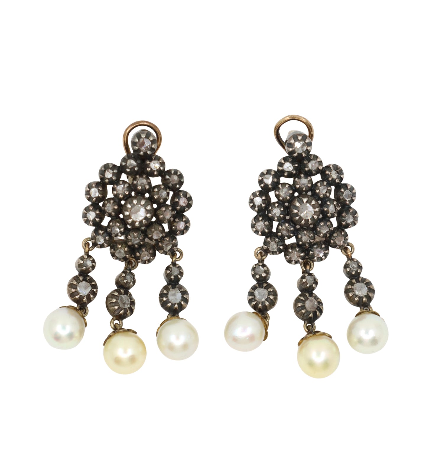 Victorian 14K Gold & Silver Pearl Diamond Drop Earring