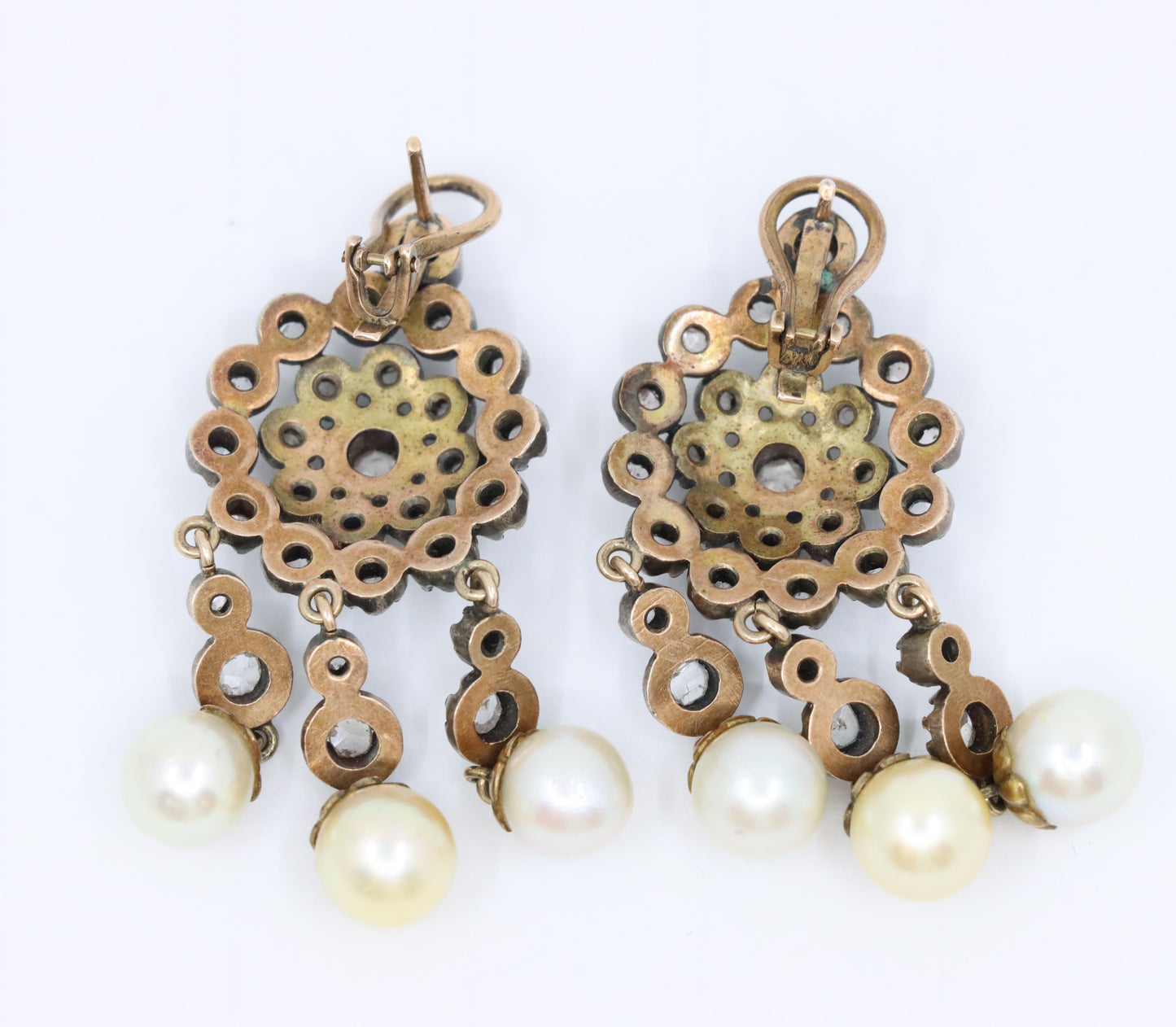 Victorian 14K Gold & Silver Pearl Diamond Drop Earring