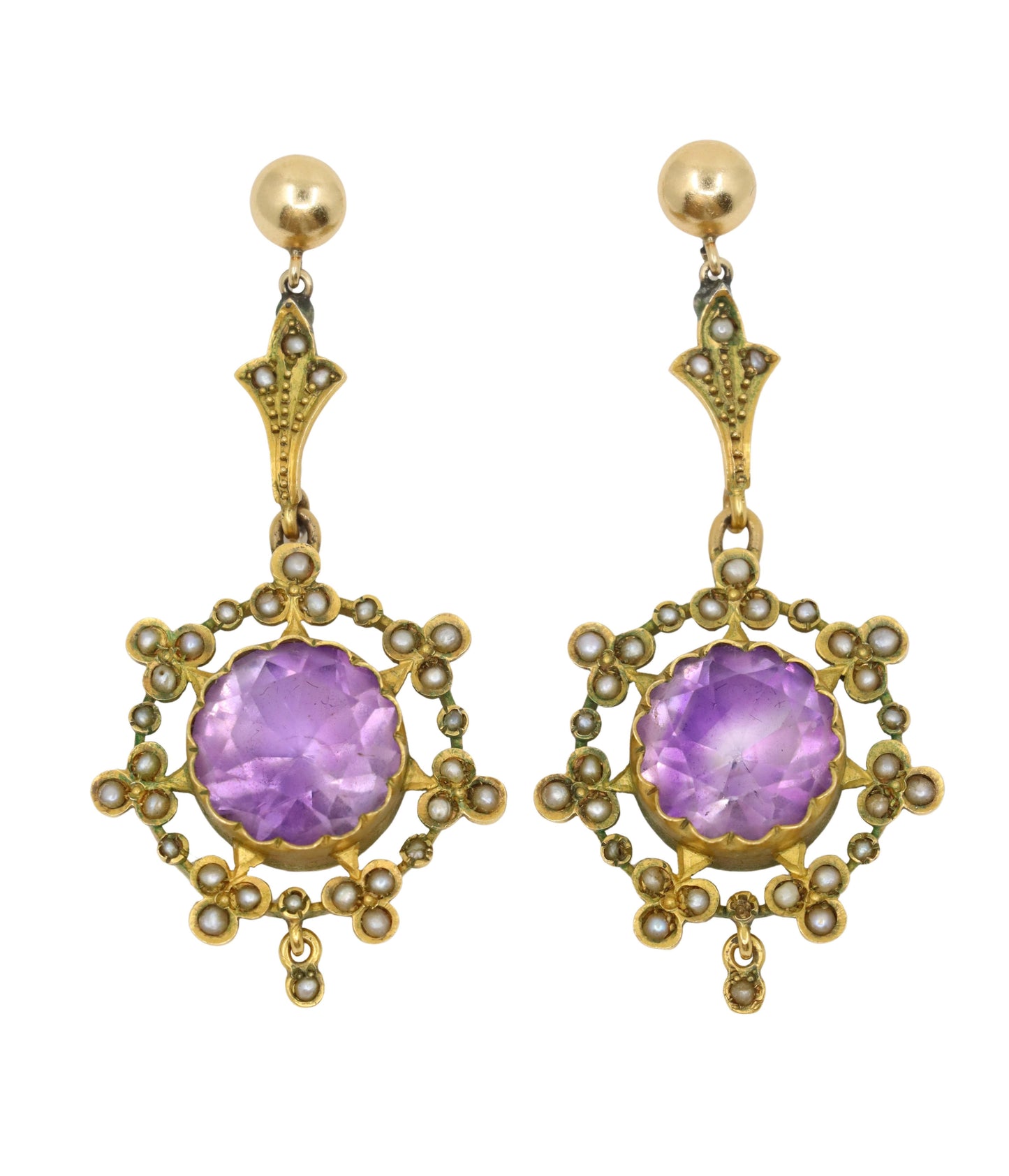 Antique 18K Gold Amethyst Pearl Drop Earring