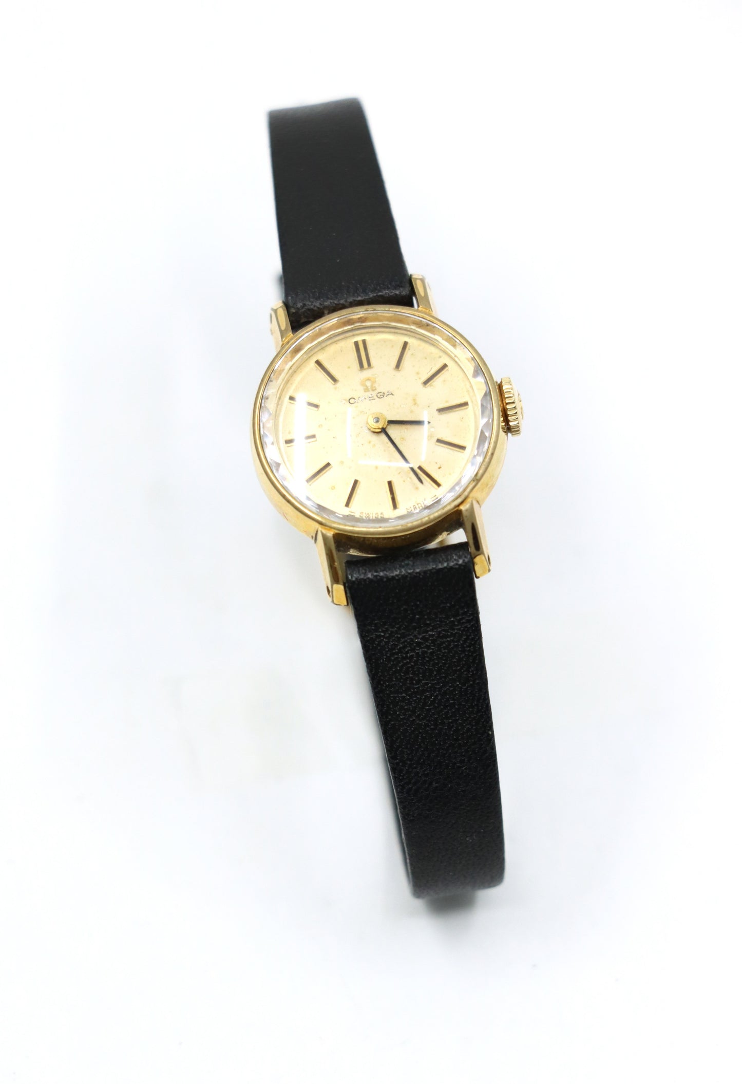 Vintage Omega Gold Tone Black Leather Lady Watch