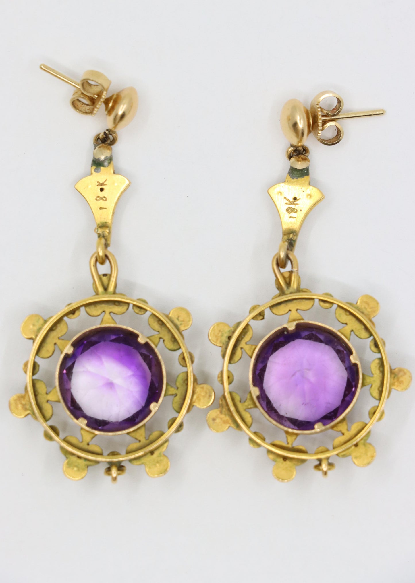 Antique 18K Gold Amethyst Pearl Drop Earring