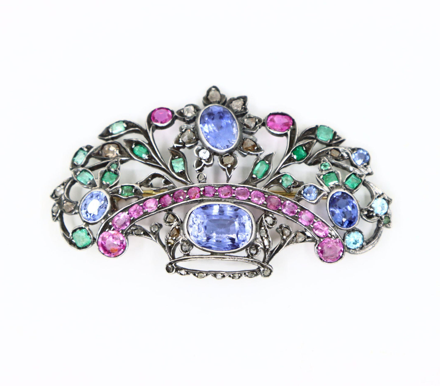 Antique Silver & Gold Multi-Gemstone Brooch