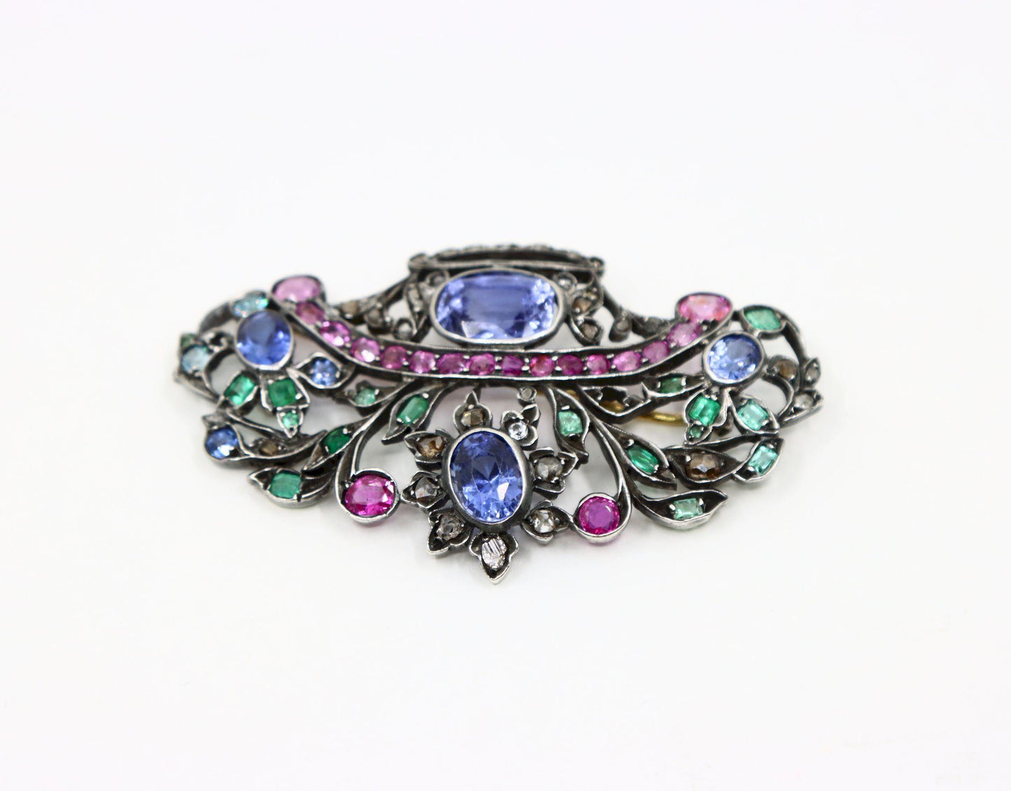Antique Silver & Gold Multi-Gemstone Brooch