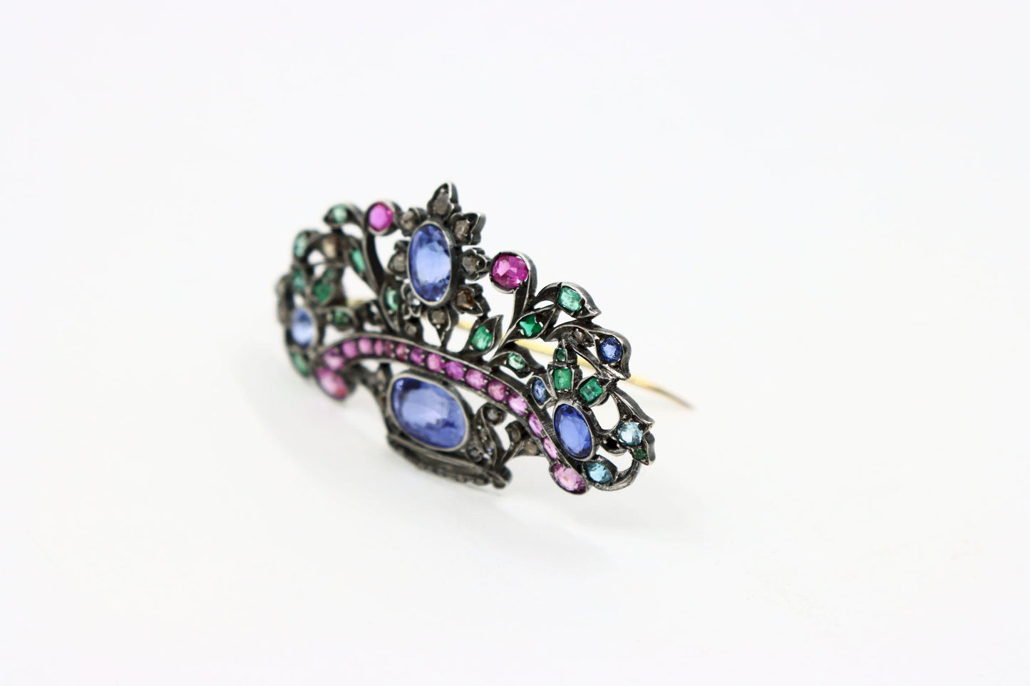 Antique Silver & Gold Multi-Gemstone Brooch