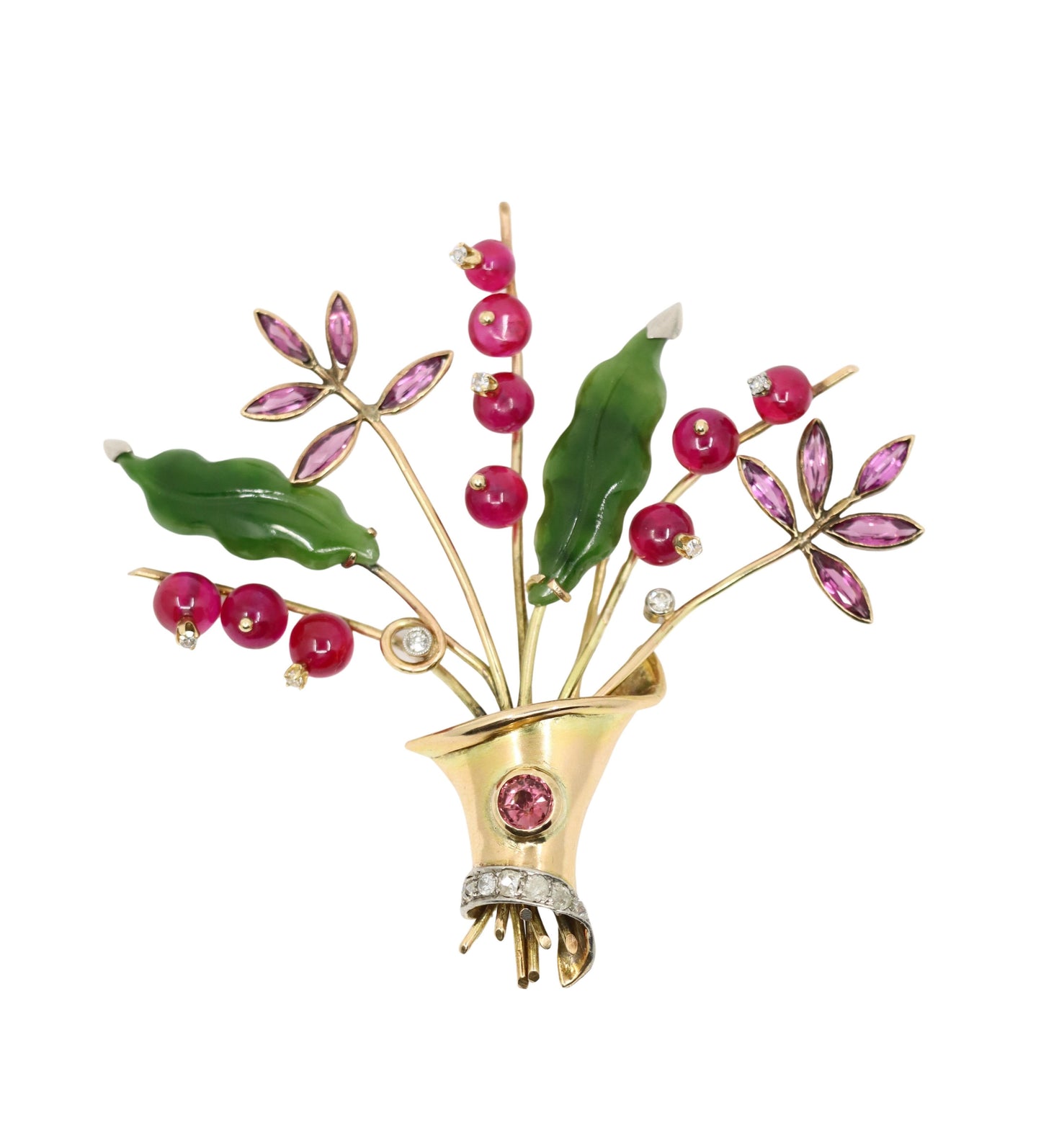 Vintage Retro 14K Gold Diamond Ruby Amethyst Jade Flower Brooch