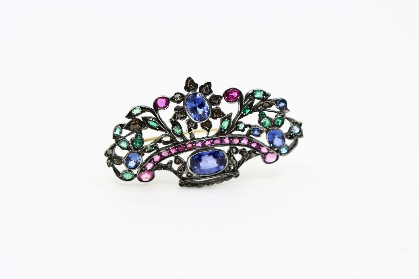 Antique Silver & Gold Multi-Gemstone Brooch