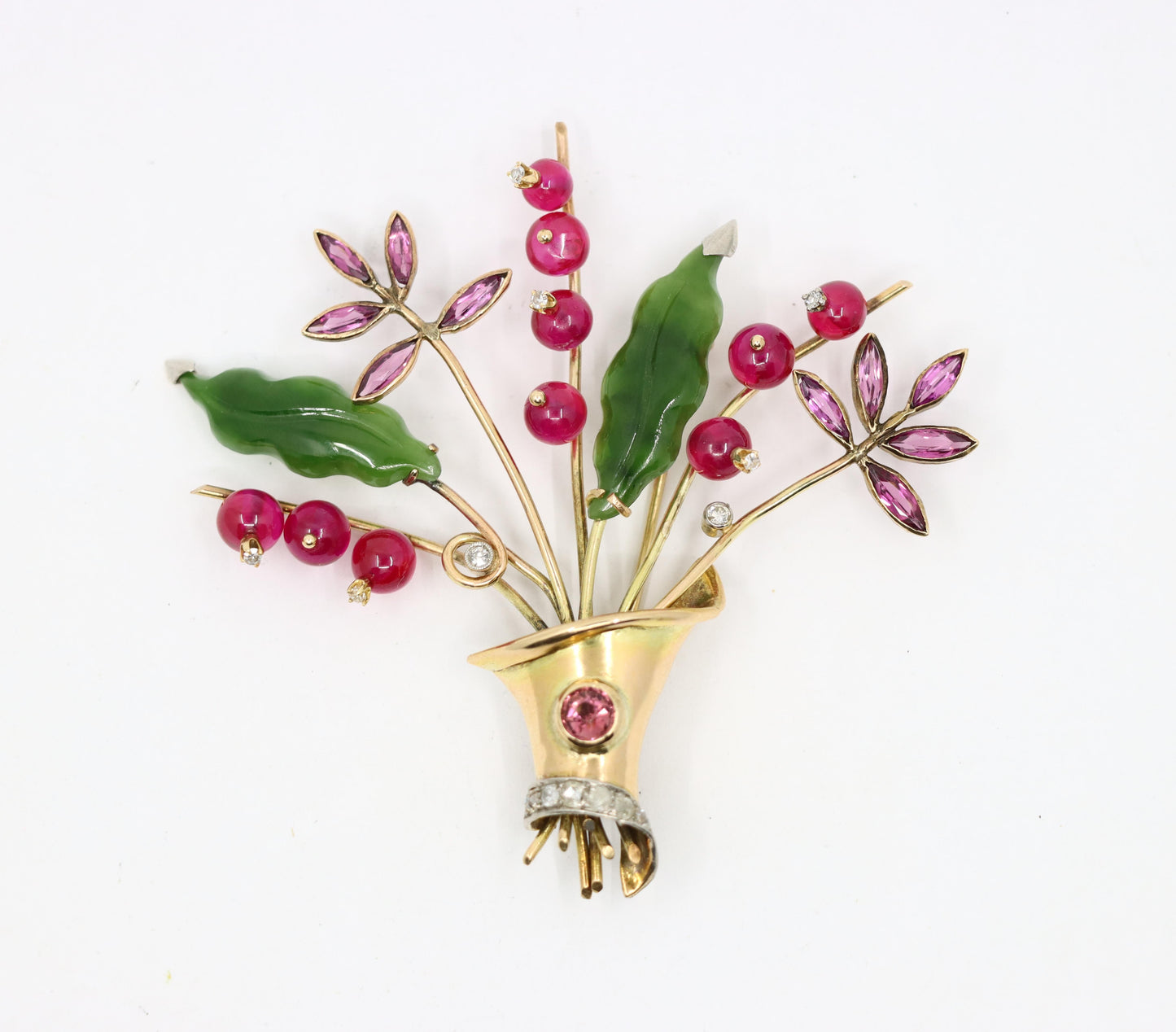 Vintage Retro 14K Gold Diamond Ruby Amethyst Jade Flower Brooch