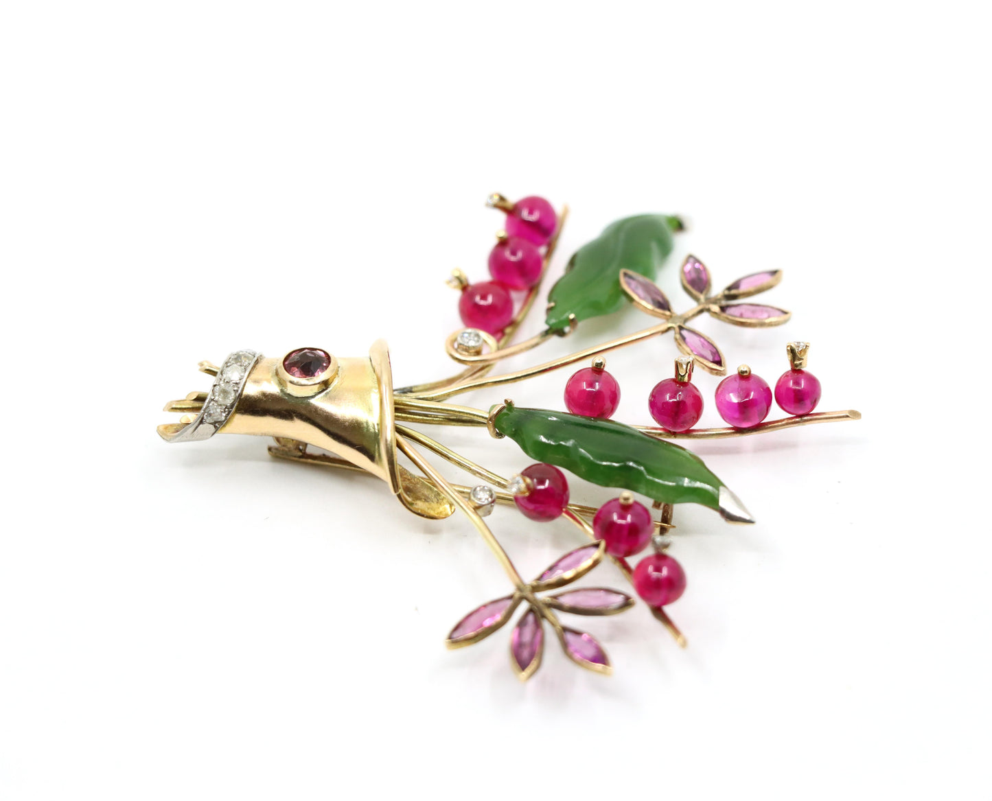 Vintage Retro 14K Gold Diamond Ruby Amethyst Jade Flower Brooch