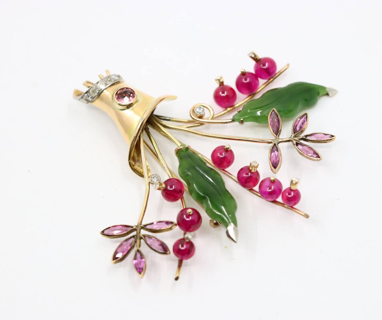 Vintage Retro 14K Gold Diamond Ruby Amethyst Jade Flower Brooch