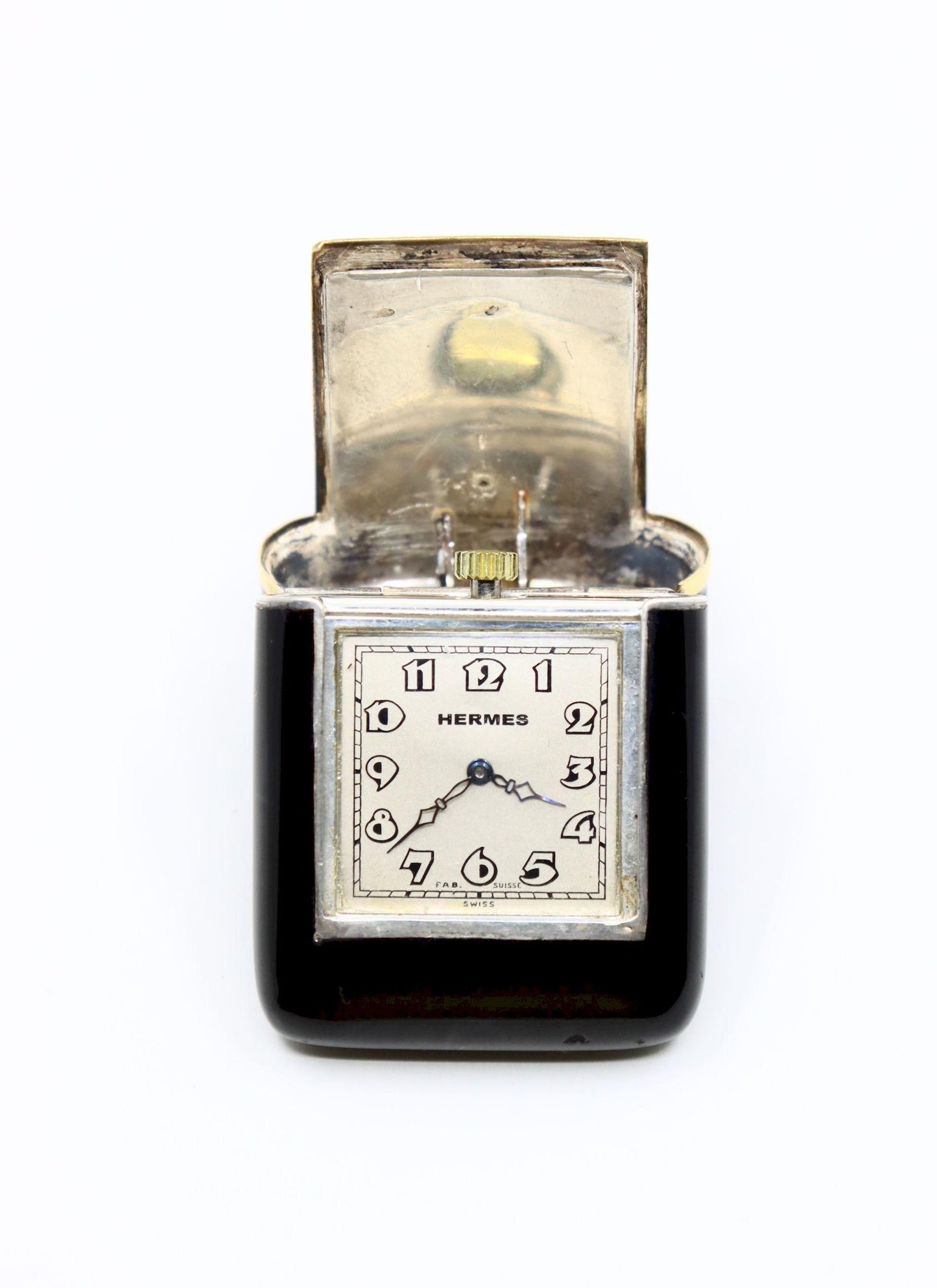 Vintage Hermes Gold & Silver Black Enamel Coral Pocket Clock