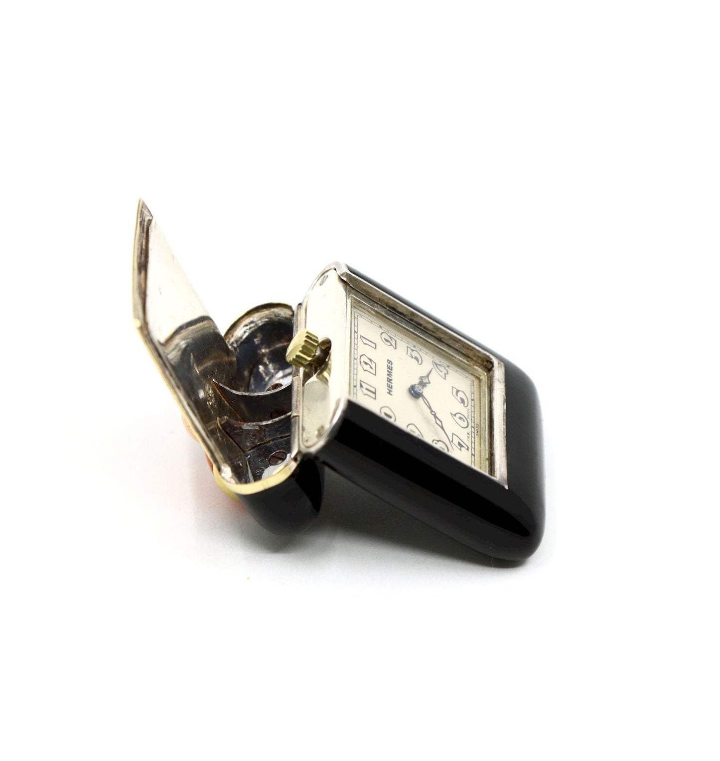Vintage Hermes Gold & Silver Black Enamel Coral Pocket Clock