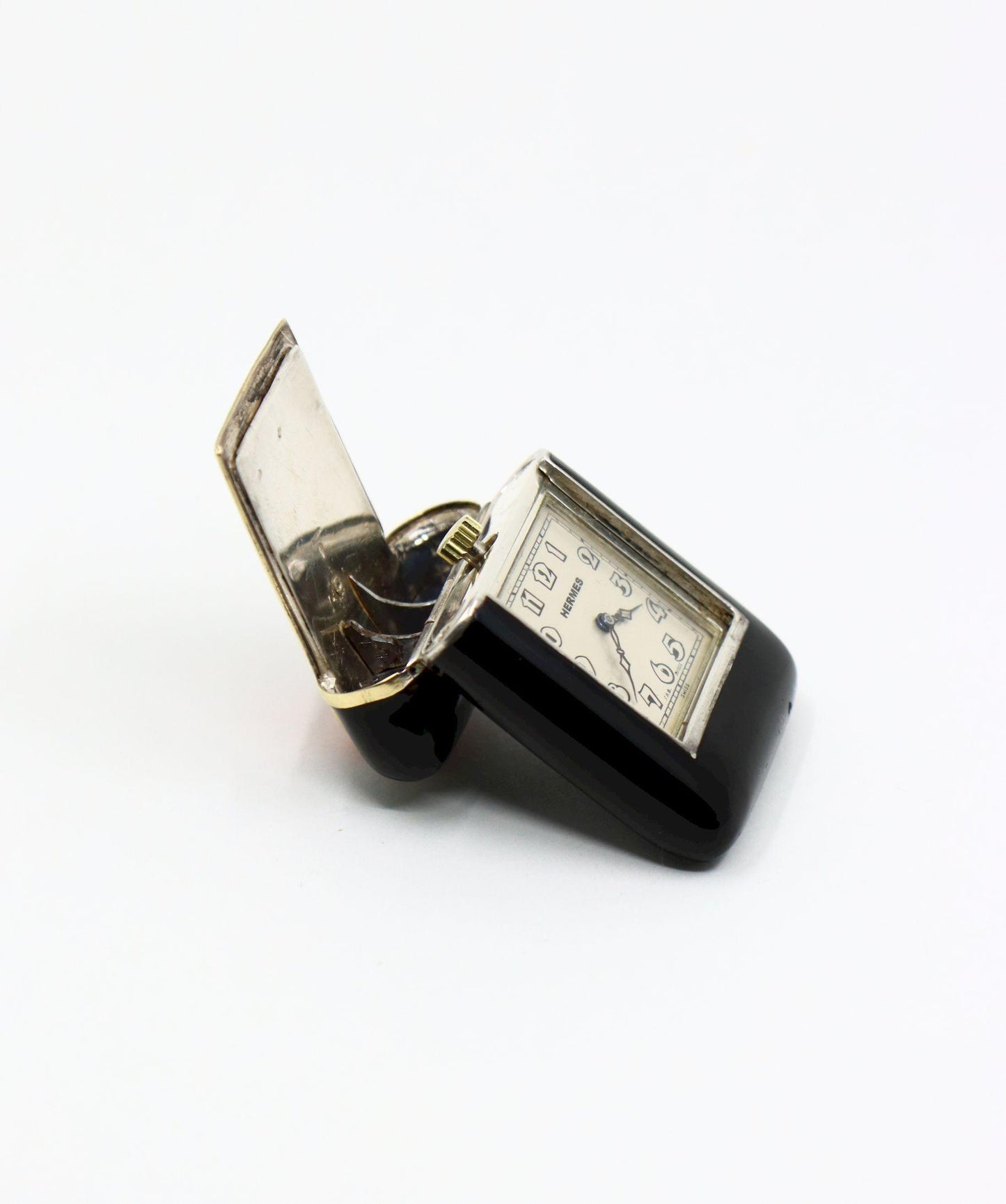 Vintage Hermes Gold & Silver Black Enamel Coral Pocket Clock
