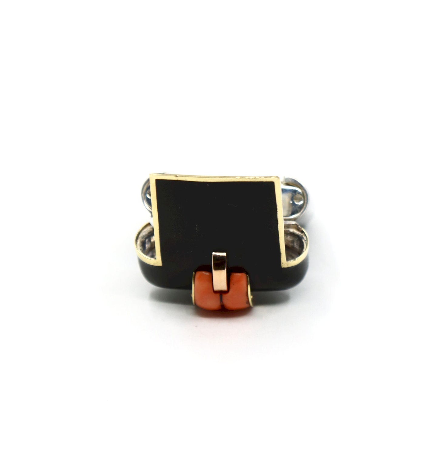 Vintage Hermes Gold & Silver Black Enamel Coral Pocket Clock