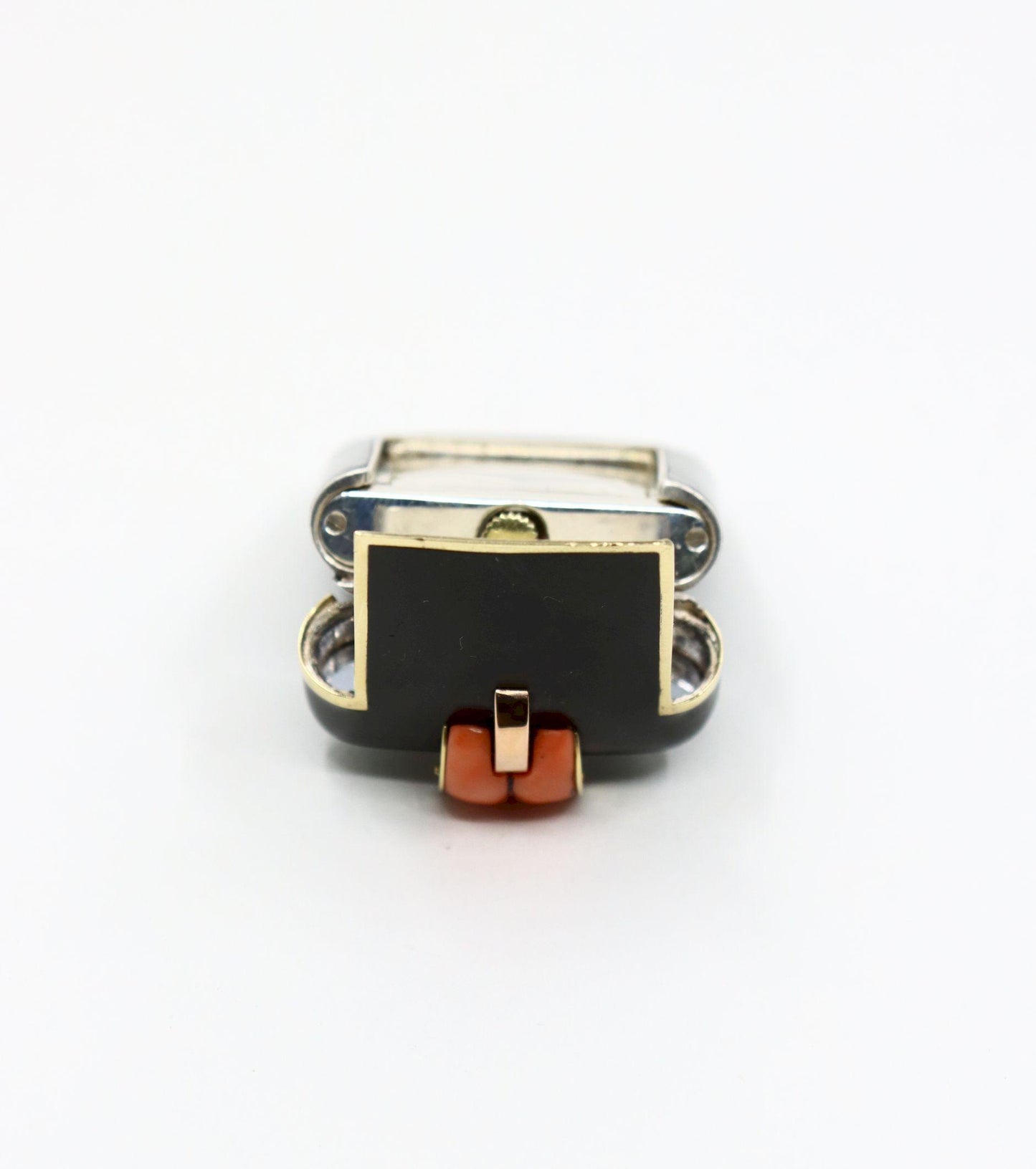 Vintage Hermes Gold & Silver Black Enamel Coral Pocket Clock