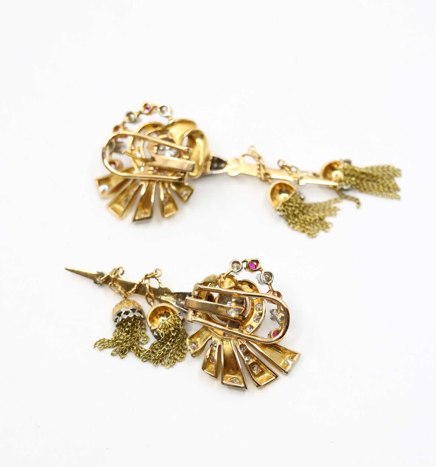 Vintage Retro 14K Gold Diamond Ruby Swirl Tassel Earrings