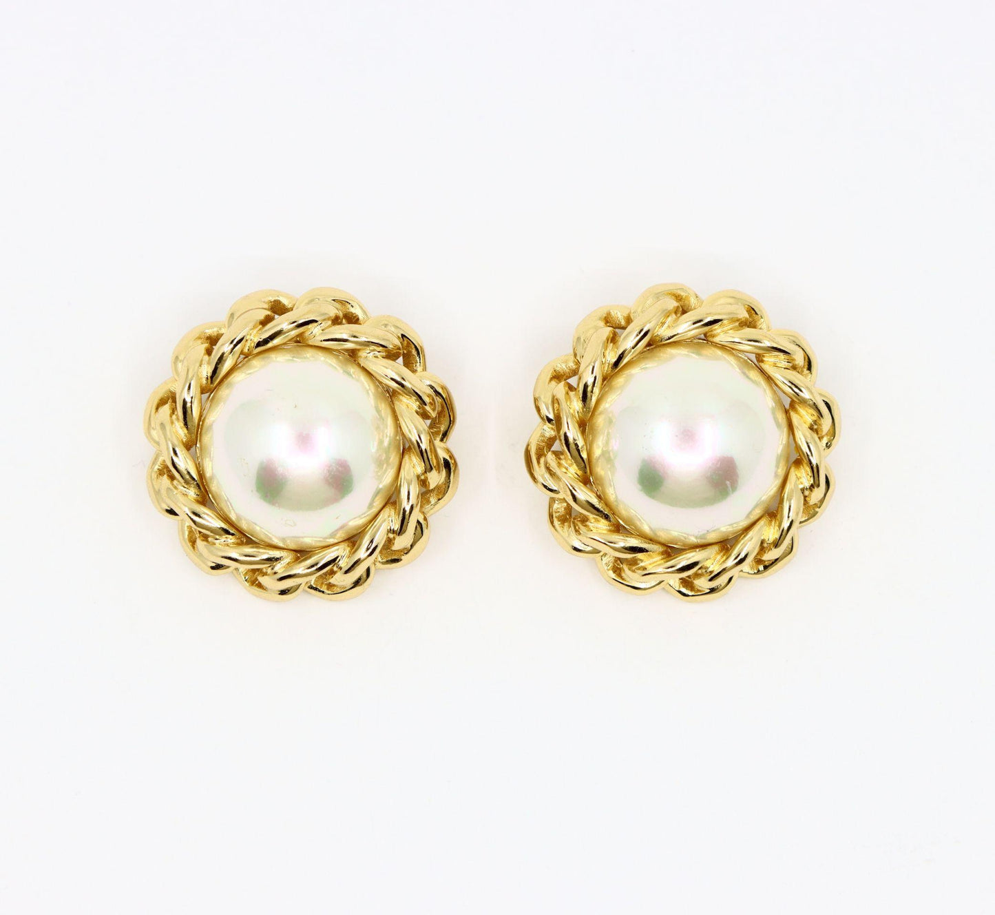 Vintage Christian Dior Gold Tone Round Dome Faux Pearl Earring