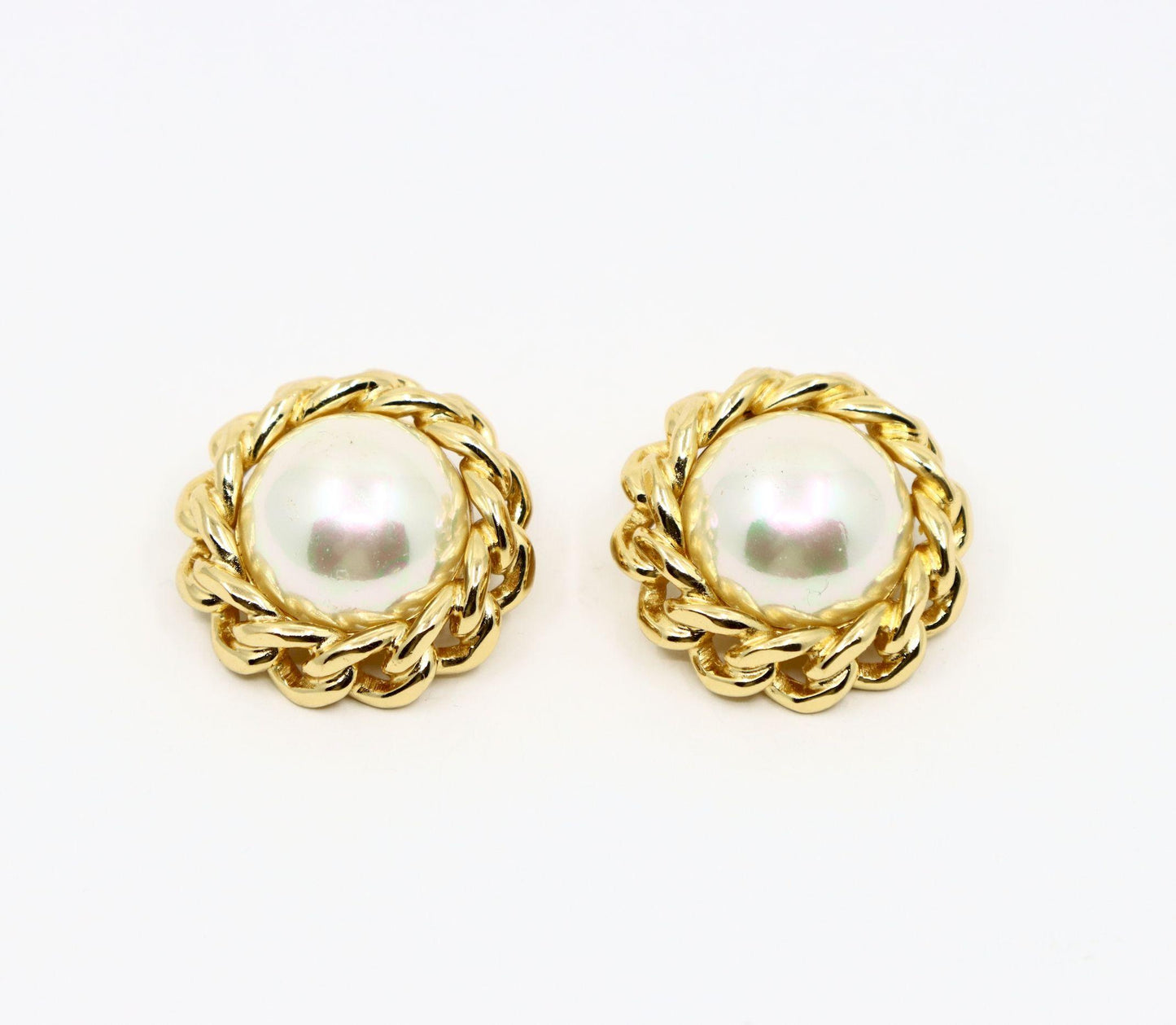 Vintage Christian Dior Gold Tone Round Dome Faux Pearl Earring