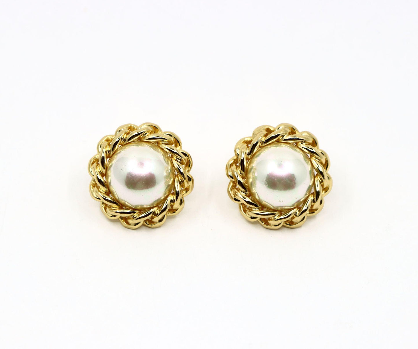Vintage Christian Dior Gold Tone Round Dome Faux Pearl Earring