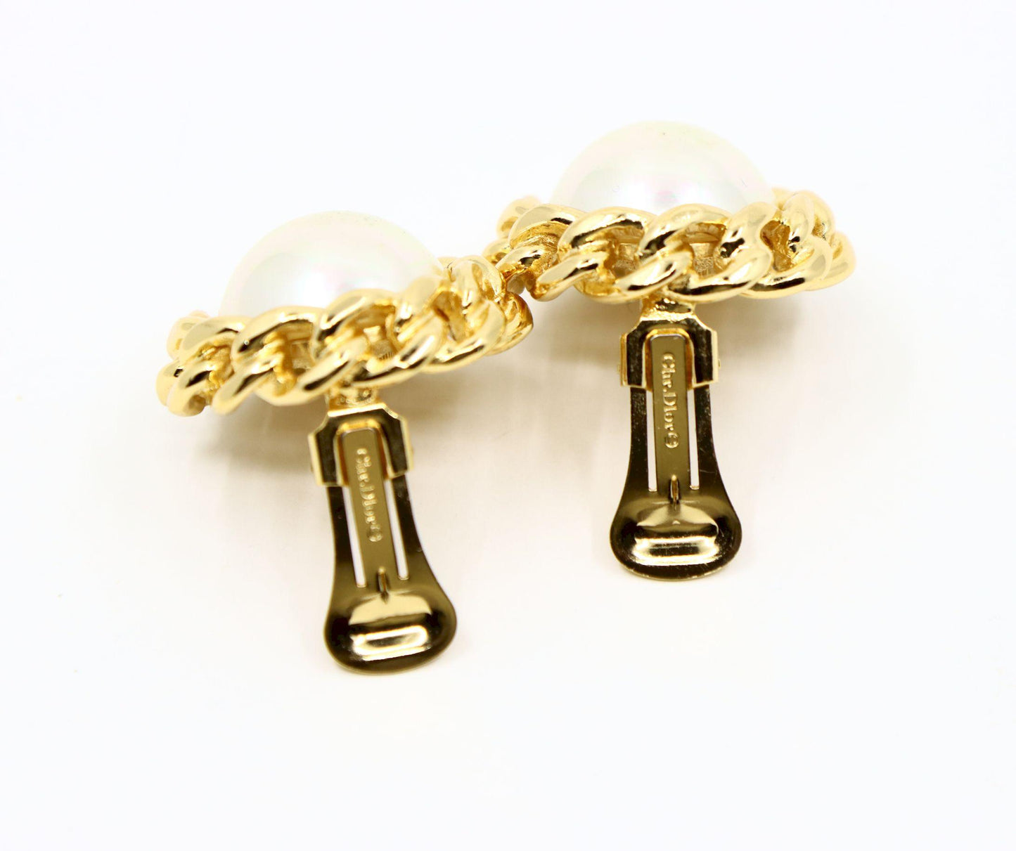 Vintage Christian Dior Gold Tone Round Dome Faux Pearl Earring