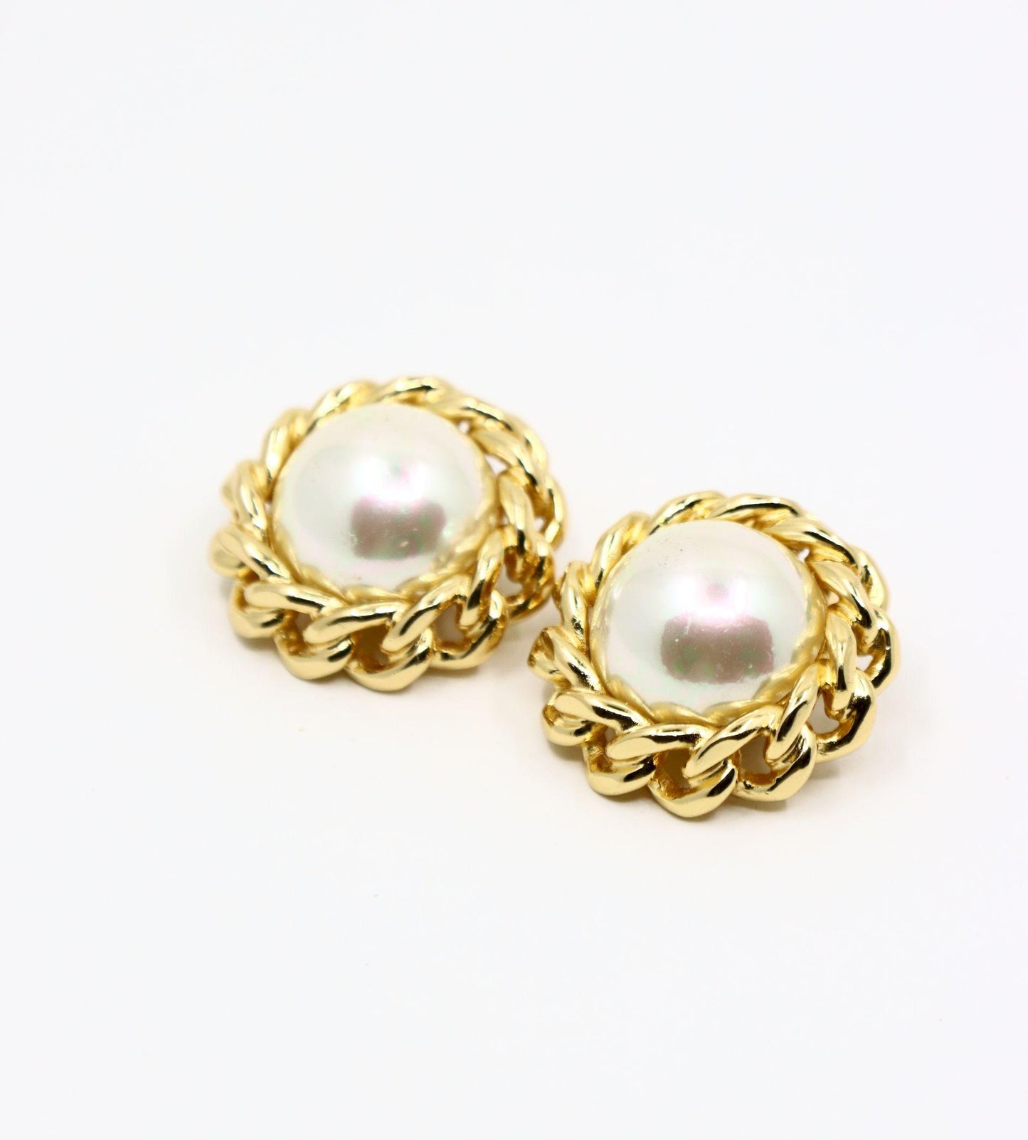 Vintage Christian Dior Gold Tone Round Dome Faux Pearl Earring