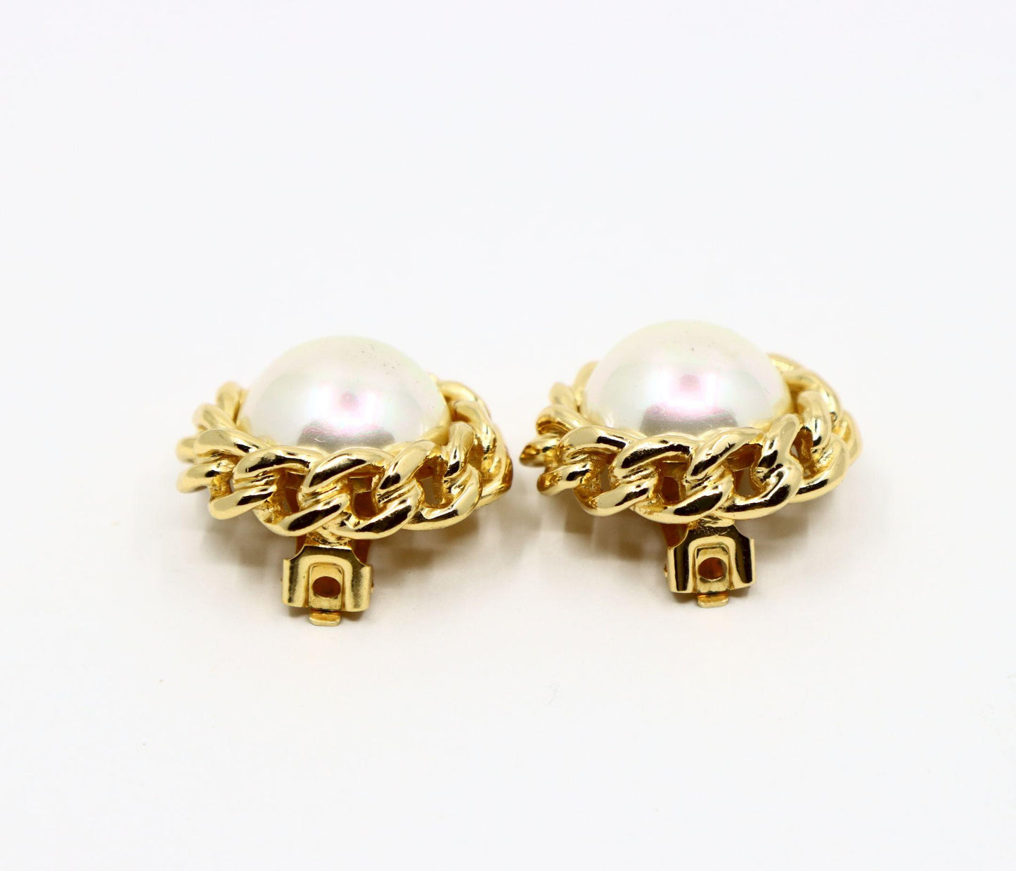 Vintage Christian Dior Gold Tone Round Dome Faux Pearl Earring