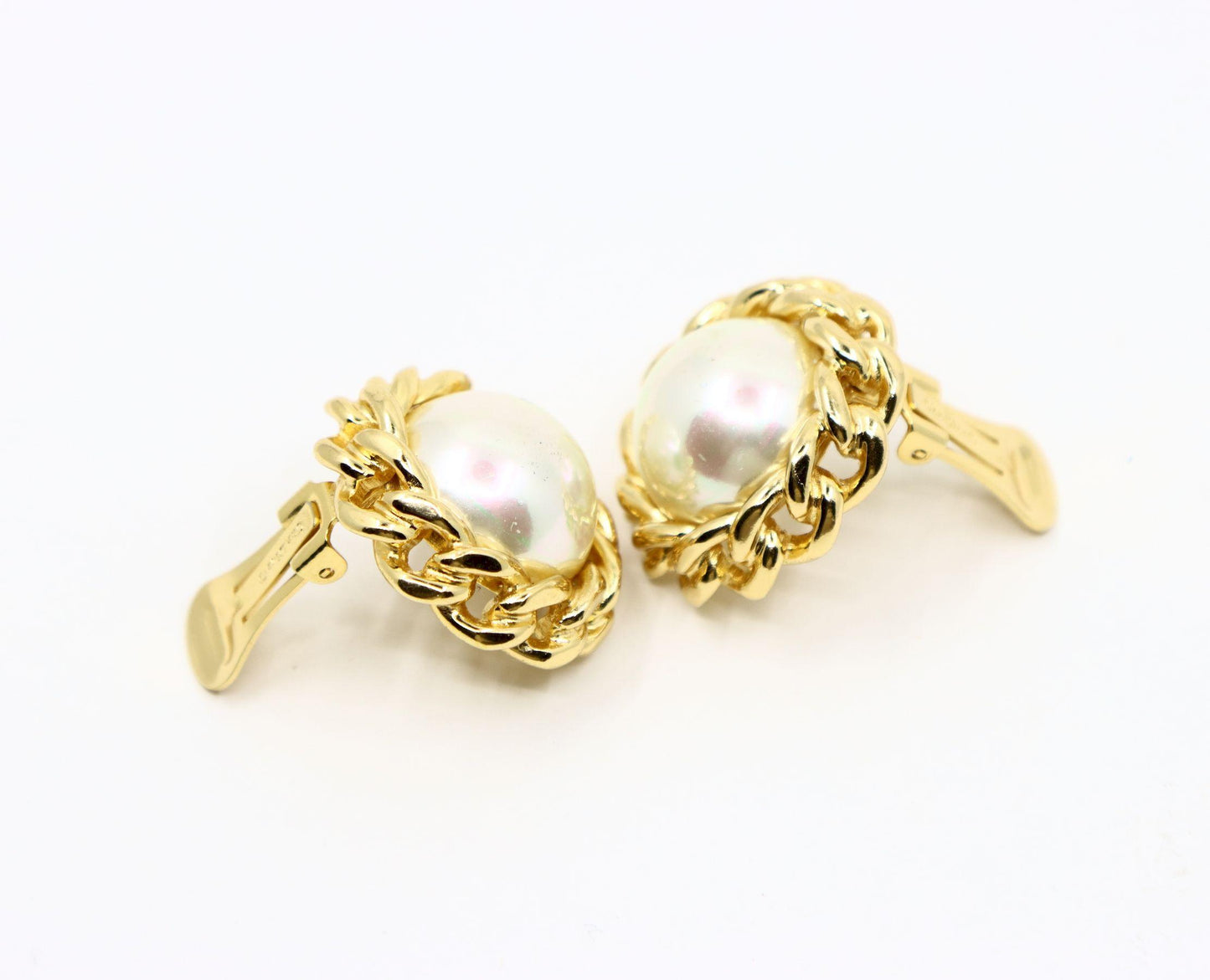 Vintage Christian Dior Gold Tone Round Dome Faux Pearl Earring